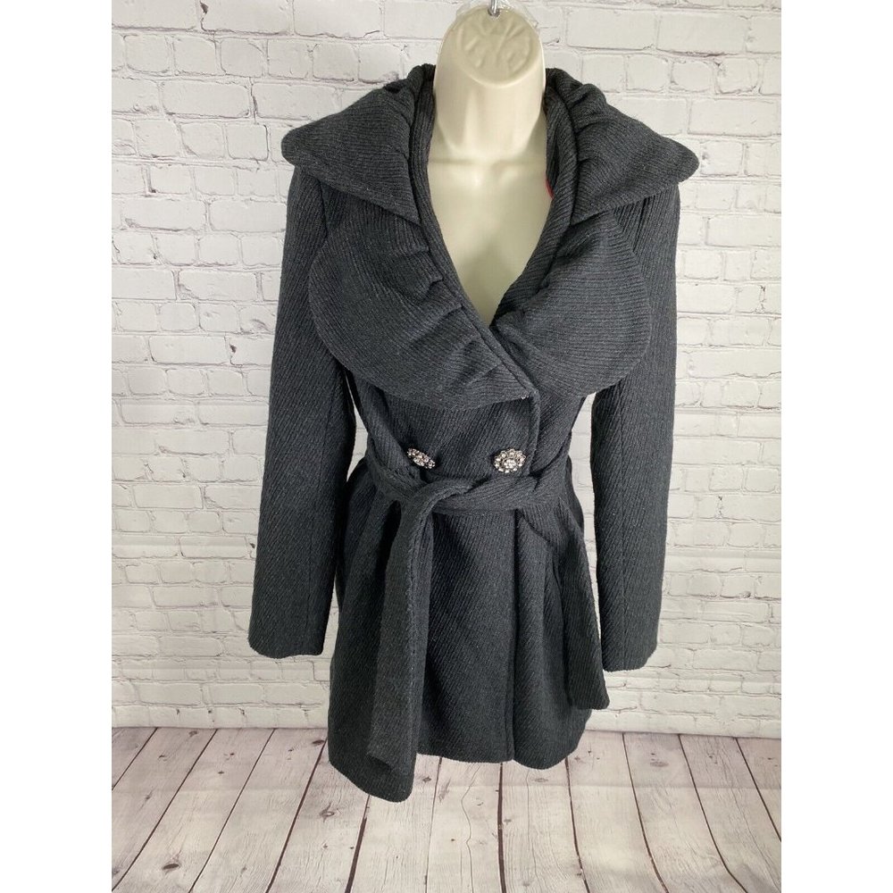Ci Sono Charcoal Grey Wool Blend Rhinestone Button Waist Tie Jacket Coat Women S
